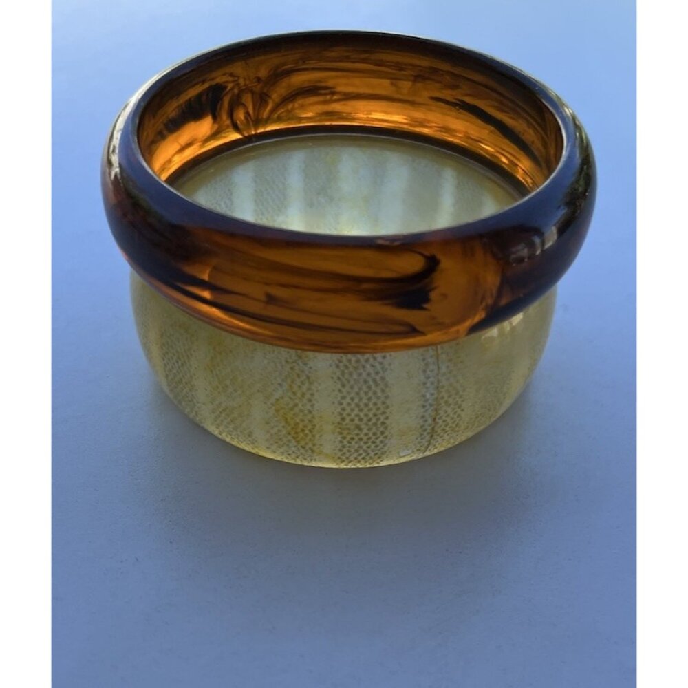 Vintage Tortoise Shell Lucite Bypass Bangle Bracelet Gold Metallic Stripes Sz 8”